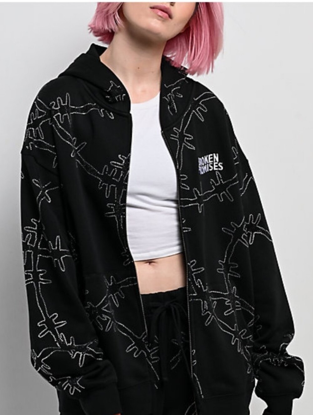 Chrome Riot Oversized Black Ultrawire Rhinestone Black Zip Hoodie